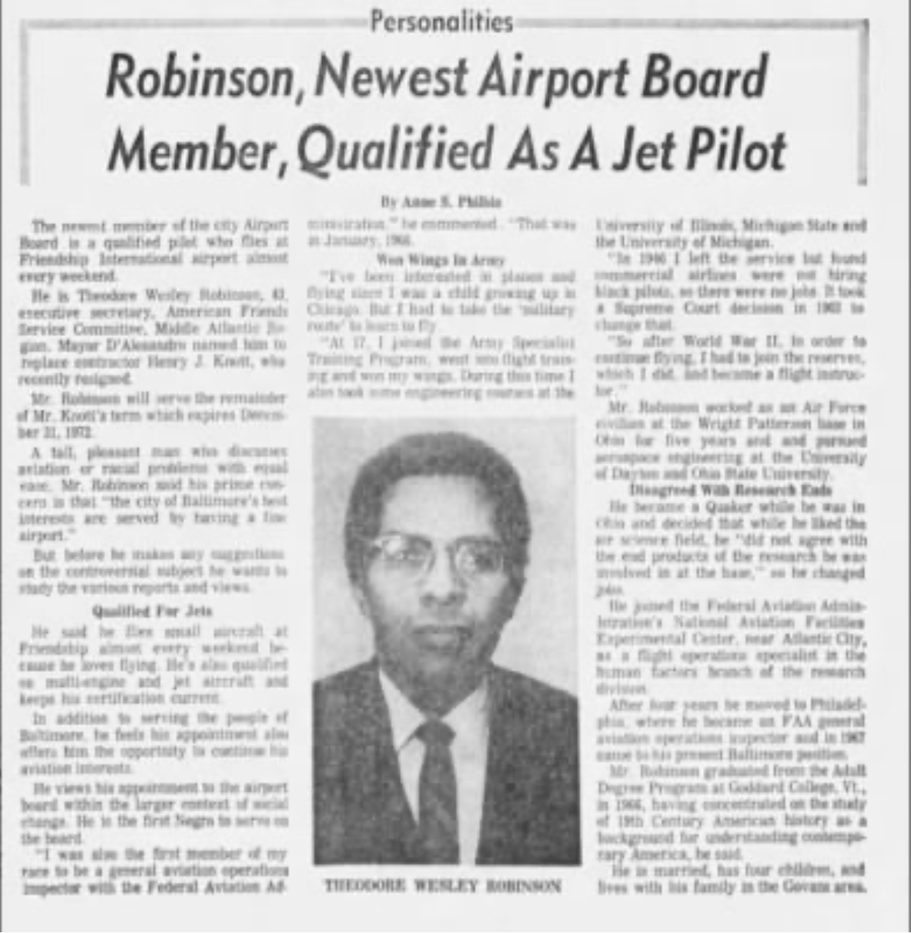 1969 newspaper article: Robinson, Newest Airport Board Member, Qualified As A Jet Pilot